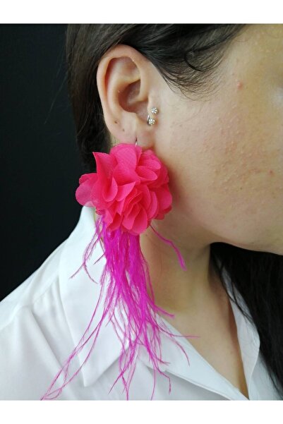 Genel Markalar Fuşya Tüylü Küpe Takımı – Bijuteri Küpe – Bijuteri Küpe