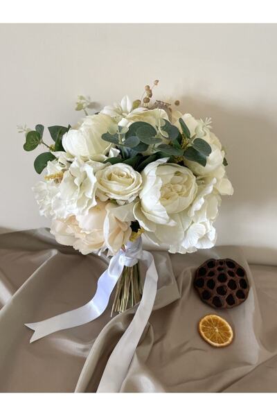 ALİA Tasarım Kırık Beyaz - Krem Yapay Ve Kuru Çiçek Gelin Buketi - Damat Yaka...