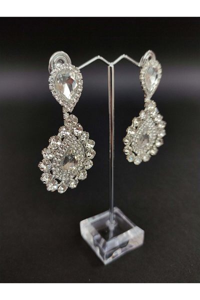 Türkay Aksesuar White Crystal Stone Henna Wedding Bridal Earrings