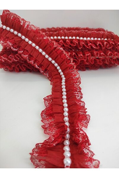 Bontex Ornament roșu cu volane și perle, dantelă de metri – Panglică decorativă