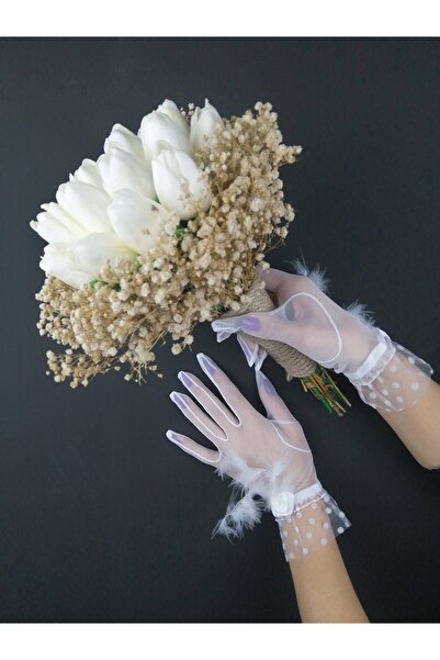 Bontex Wet Tulip Chips Bridal Bouquet and White Feather Gloves Set – Artifici...