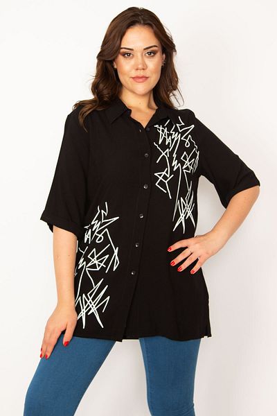 Şans Women's Large Size Black Front Buttoned Print Detailed Woven Viscose Fabric Shirt 65n33535