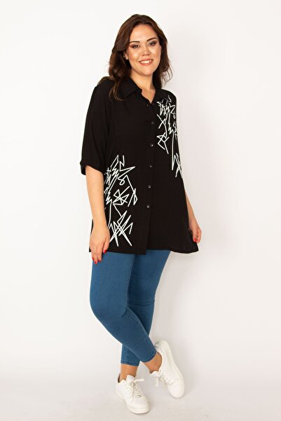 Şans Γυναικείο πουκάμισο μεγάλου μεγέθους μαύρο μπροστά με κουμπιά Λεπτομερές υφαντό πουκάμισο από ύφασμα βισκόζης 65n33535