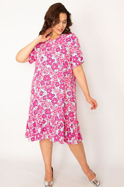 Şans Women's Large Size Fujya Woven Viscose Fabric Hem Tiered Dress 65n33530