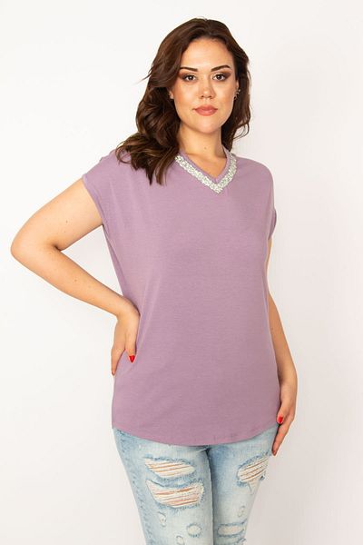 Şans Women's Large Size Lilac Collar Cast Stone Viscose Blouse 65n33546