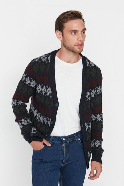 Trendyol Collection Sötétkék Slim Fit gyémánt mintás kötöttáru kardigán TMNAW21HI0277