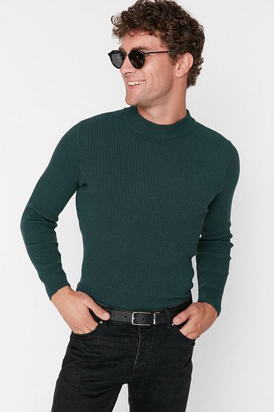 Trendyol Collection Smaragdgrüner Cord-Strickpullover – Baumwolle, halber Rollkragenpullover, TMNAW21KZ0568