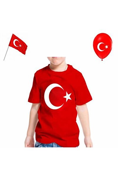Mashotrend Unisex Baskılı Ay Yıldız Tshirt - Kırmız Renk Baskılı Tişört + Bayrak + Balon