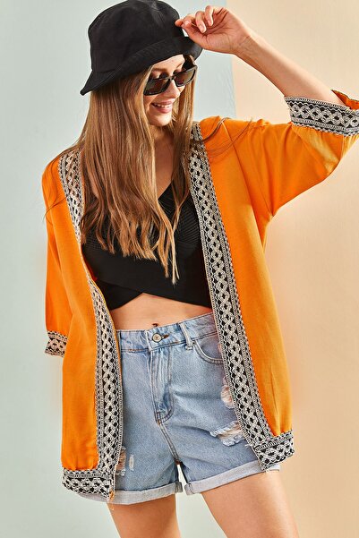 Bianco Lucci Women's Embroidered Stripe Patterned Linen Kimono