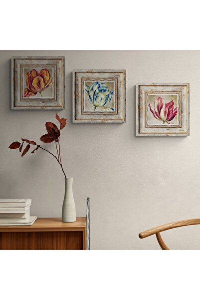TekTablo Renkli Çiçekler 3 Parça Çerçeveli Tablo Seti