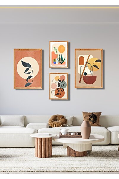 NT Handmade 4lü Ahşap Çerçeve Görünümlü Bohem Yapraklar Duvar Dekoru Salon Ot...