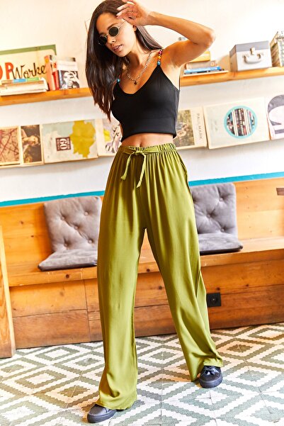 Olalook Women's Oil Green Belted Woven Viscon Palazzo Trousers PNT-19000169