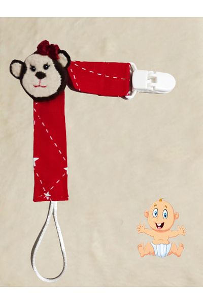 CEBECİ TİCARET Pacifier Strap Chain Set Pacifier Holder Baby Gift Cotton Fabric 25 Cm Red Monkey Model