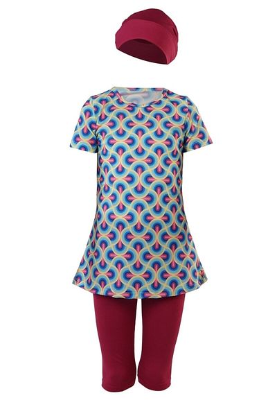 TESMAY Hien Short Sleeve Children's Swimsuit with Tights 3-Piece Set Water Repellent Dress Swimsuit Slim Fit with Bonnet for Ages 5-14