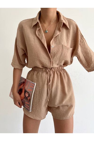 LB Laluna Butik Γυναικείο Σετ Σορτς Πουκάμισο Oversize από λινό ύφασμα