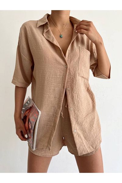 LB Laluna Butik Γυναικείο Σετ Σορτς Πουκάμισο Oversize από λινό ύφασμα