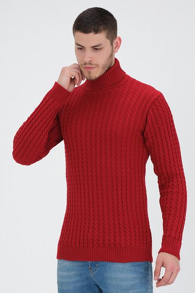 1000LAKE Men's Red Full Turtleneck Hair Knitted Knitwear Sweater
