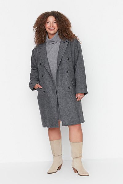 Trendyol Curve Plus Size Coat - Gray - Double-breasted