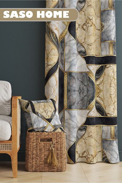 SasoHome Yellow-gray Mosaic Marble Processing Patterned 140 X 270 Cm Digital Printed Background Curtain (Single Wing)