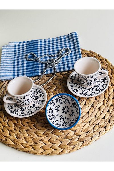 Den Tasarım Hediyelik Mother's Day Special Hand Embroidered Blue 2-Person Coffee Cup Set and Bowl