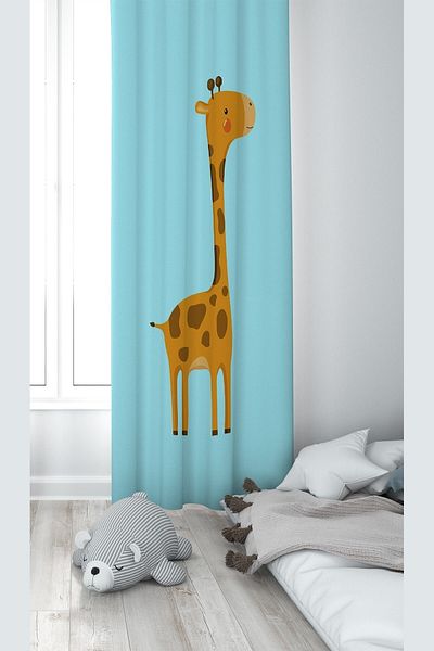 on the clouds Cortina de fundal pentru camera copiilor, lavabilă, imprimare digitală cu model girafe albastre