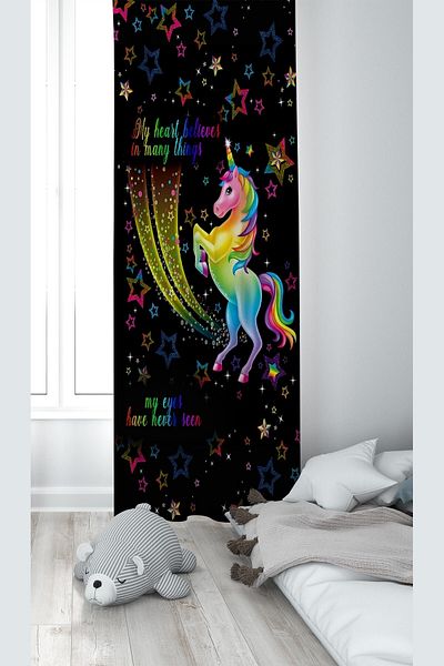 on the clouds Black Unicorn Patterned Digital Printing Washable Baby Kids Room Background Curtain