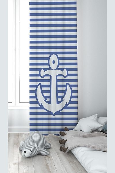 on the clouds White Blue Anchor Patterned Digital Printed Washable Background Curtain for Baby Kids Room