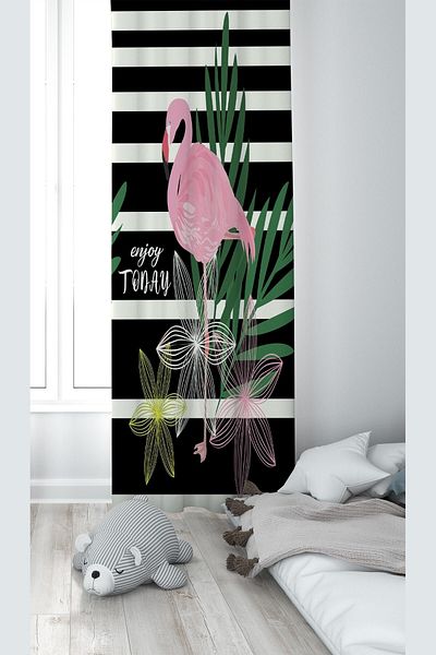 on the clouds Black and White Flamingo Patterned Digital Printing Washable Baby Kids Room Background Curtain