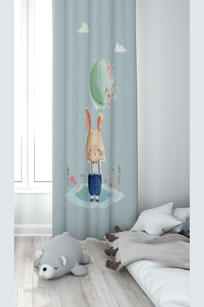 on the clouds Cortina de fundal pentru cameră pentru copii, lavabilă, imprimare digitală cu model iepure verde apă