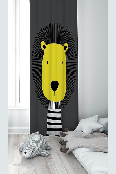 on the clouds Dark Gray Lion Patterned Digital Printing Washable Baby Kids Room Background Curtain