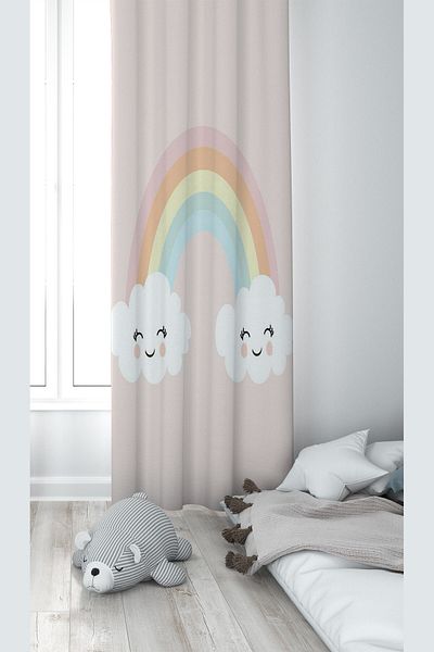 on the clouds Pink Cloud and Rainbow Patterned Digital Printing Washable Baby Kids Room Background Curtain