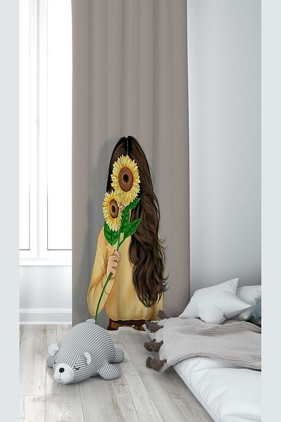 Pelangi Dark Cream Girl Holding a Sunflower Patterned Digital Printing Washable Baby Kids Room Background Curtain