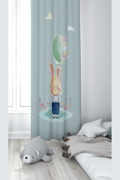 Pelangi Su Yeşili Tavşan Desenli Dijital Baskı Yıkanabilir Bebek Çocuk Odası Fon Perdesi