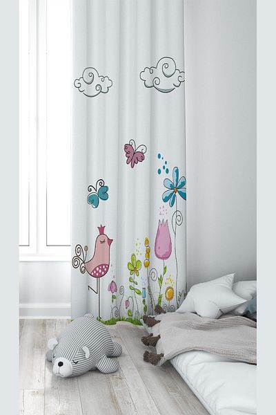 Pelangi White Bird And Nature Patterned Digital Printing Washable Baby Kids Room Background Curtain