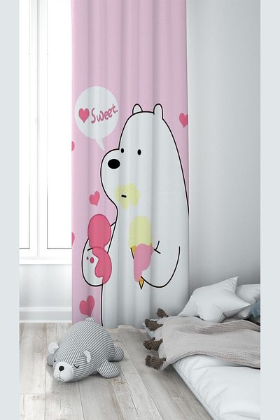 Pelangi Pink Teddy Bear Patterned Digital Printing Washable Baby Kids Room Background Curtain