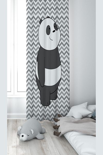 Lina Gray Panda Patterned Digital Printing Washable Baby Kids Room Background Curtain