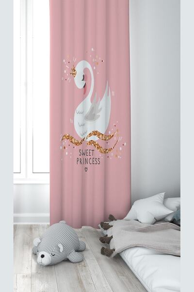 linazaitun Pembe Kuğu Desenli Dijital Baskı Yıkanabilir Bebek Çocuk Odası Fon...