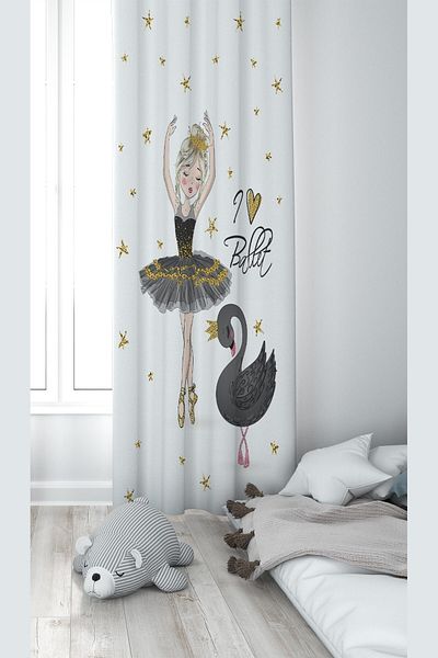 linazaitun White Ballerina Patterned Digital Printing Washable Baby Kids Room Background Curtain