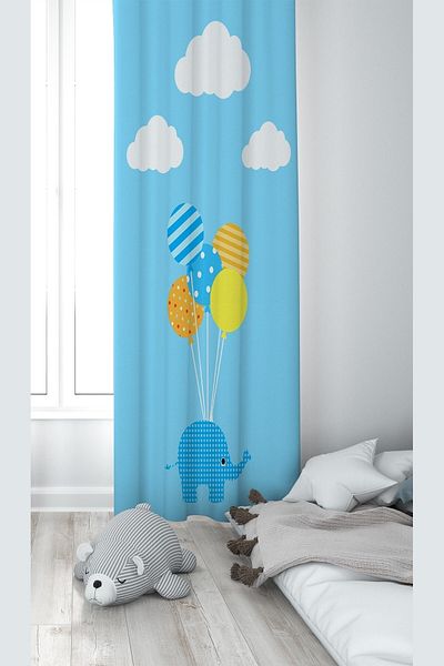 linazaitun Elefant albastru și balon cu model imprimare digitală, lavabilă, perdea de fundal pentru cameră pentru copii