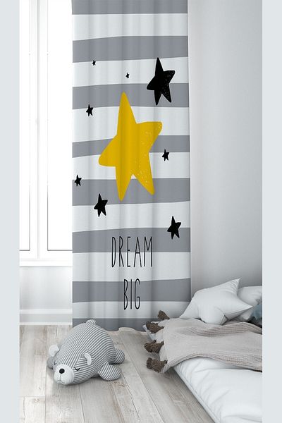 linazaitun Gray Star Patterned Digital Printing Washable Baby Kids Room Background Curtain