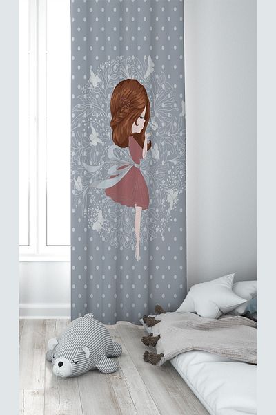 linazaitun Gray Princess Patterned Digital Printing Washable Baby Kids Room Background Curtain