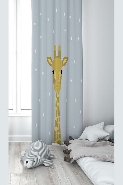 linazaitun Gray Giraffe Patterned Digital Printing Washable Baby Kids Room Background Curtain