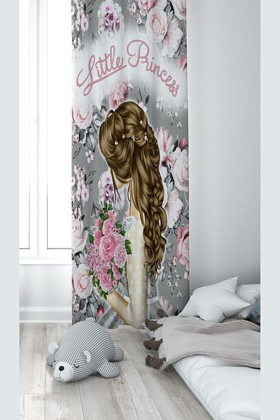 linazaitun Pink Princess Patterned Digital Printing Washable Baby Kids Room Background Curtain