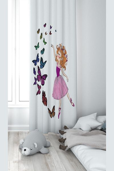 linazaitun White Butterfly And Girl Patterned Digital Printing Washable Baby Kids Room Background Curtain