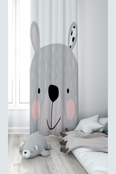 linazaitun Teddy Bear Patterned Baby and Children's Room - Washable Digital Printing Background Curtain