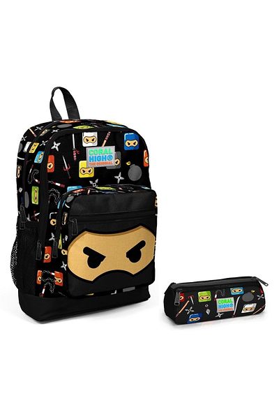 Yaygan Coral High Boy's Ninja Printed School Bag and Pen Holder Set - Black