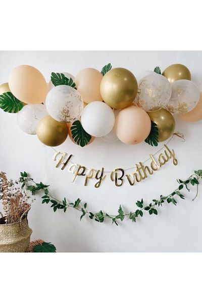 MERİ PARTİ Happy Birthday Calligraphy Banner and Balloon Set Salmon Gold Birthday Set
