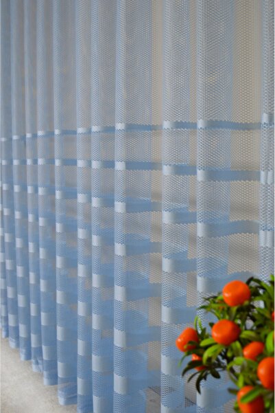 Ran Perde Şerit Desenli File Tül Perde - Açık Mavi- Pileli Dikim - 1e2,5 Pile