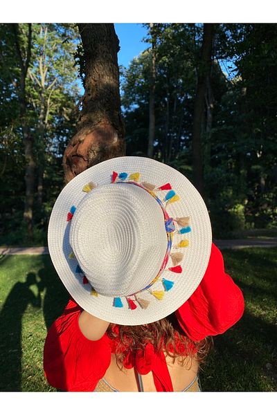 laviyonsa Design Colorful Belt Tassel White Cowboy Straw Hat