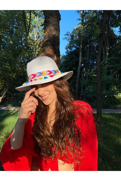 laviyonsa Design Colorful Belt Tassel White Cowboy Straw Hat